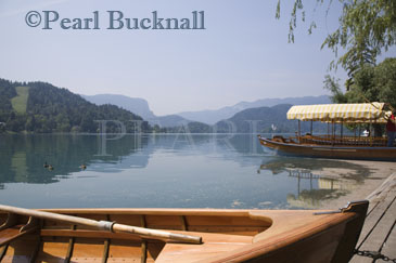 Lake Bled in summer with traditional pletnja rowing 
boat to ferry tourists to St Marys Church of Assumption 
on the island beyond. Bled Slovenia Europe

