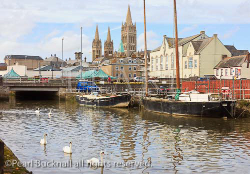 View across River Truro towards the city and three 
spires of the Cathedral. Truro, Cornwall, England, UK 
Britain, Europe.  