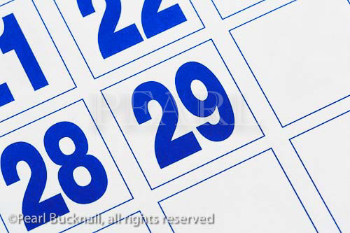Close-up of a day on a calendar showing 29th day in 
the month of February in a leap year