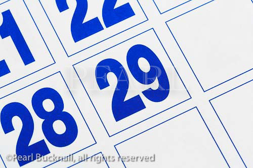 Close-up of a day on a calendar showing 29th day in 
the month of February in a leap year
