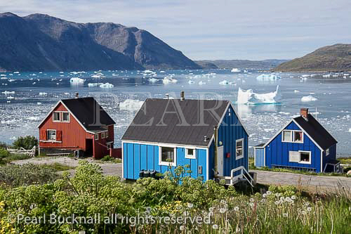Typical colourful Greenlandic houses overlooking 
Tunulliarfik fjord with icebergs floating in summer. 
Narsaq, Kujalleq, South Greenland