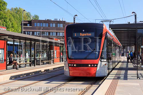 Bergen Light Rail Tram in station. Nesttun, Bergen, 
Hordaland, Norway, Scandinavia, Europe. 