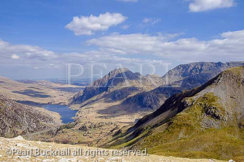 View to Ogwen Valley Tryfan and Glyderau from Foel 
Goch in mountains of Snowdonia National Park, 
Ogwen, Gwynedd, North Wales, UK, Britain