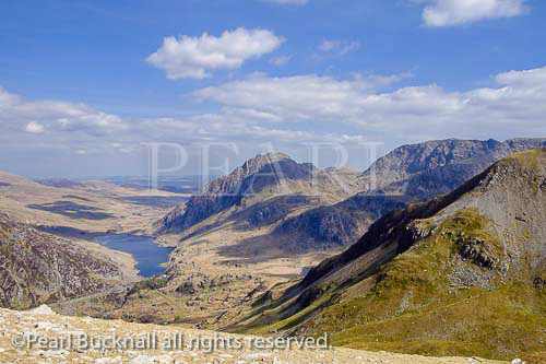 View to Ogwen Valley Tryfan and Glyderau from Foel
Goch in mountains of Snowdonia National Park,
Ogwen, Gwynedd, North Wales, UK, Britain