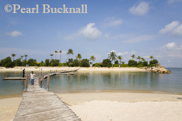Tropical Siloso beach calm blue sea lagoon and 
wooden bridge linking small island Sentosa Island 
Singapore Asia