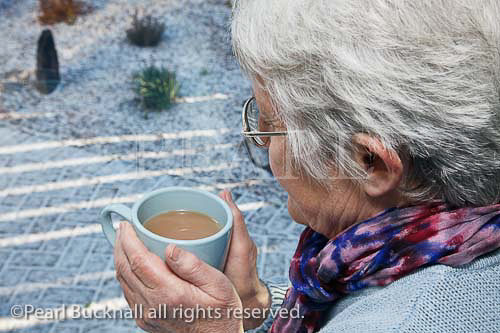 Senior woman holding a warm drink looking out of the 
window on a cold snowy day in winter. UK Britain 
Europe