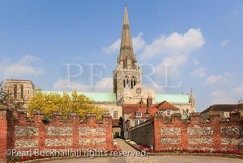 Chichester Cathedral Church of the Holy Trinity and St 
Richard's Walk in the city of Chichester West Sussex 
England UK Britain