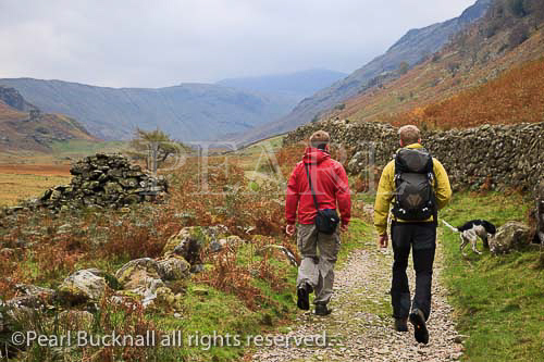 Stonethwaite Borrowdale Cumbria England UK Europe. 
Two men walking on a path through the Langstrath 
Valley in the Lake District National Park. 