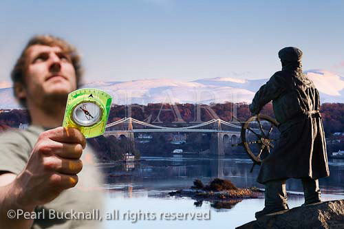 Composite showing Menai Strait with Menai 
suspension bridge in winter with man navigating and 
Dic Evans statue. Menai Bridge (Porthaethwy), Isle of 
Anglesey (Ynys Mon), North Wales, UK, Europe

Keywords: compass composte scene welsh scenic 
landscape britain british