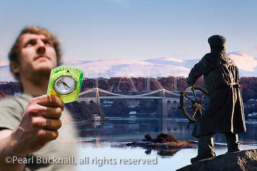Composite showing Menai Strait with Menai 
suspension bridge in winter with man navigating and 
Dic Evans statue. Menai Bridge (Porthaethwy), Isle of 
Anglesey (Ynys Mon), North Wales, UK, Europe

Keywords: compass composte scene welsh scenic 
landscape britain british
