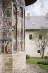Painted church wall in fortified Sucevita Monastery 
compound. Bucovina Moldavia Romania Europe

