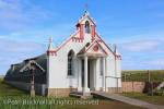 Italian Chapel exterior built from 2 Nissen huts by 
Italian prisoners of world war II. Lamb Holm, Orkney 
Islands, Scotland, UK, Great Britain, Europe. 