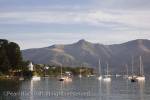 View to lighthouse across French Bay in picturesque 
historic seaside resort town on Banks Peninsula. 
Akaroa South Island New Zealand. 

