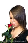 Portrait of a pretty young woman smelling a red rose 
on a white background
