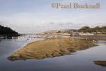 View down river estuary to Deganwy with exposed 
rippled sandbank at low tide. Conwy North Wales UK 
Britain

Keywords: coast scenic water Welsh 