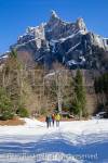 Walkers in Reserve Naturelle de Sixt Fer A Cheval below 
Pic de Tenneverge in Le massif du Giffre in French Alps. 
Samoens, Haute Savoie, Rhone-Alpes, France, Europe.