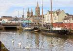 View across River Truro towards the city and three 
spires of the Cathedral. Truro, Cornwall, England, UK 
Britain, Europe.  