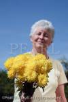 Senior woman smiling and holding a bunch of yellow 
flowers in the garden. UK Britain Europe. 
