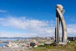 Inussuk sculpture by Niels Motfeldt overlooking the 
old town and marking start of Self Governance on 
June 21 2009. Built from stones collected from 
Greenlandic shores the three pillars represent the 
three peoples of Greenland. Nuuk (Godthab), 
Sermersooq, Greenland