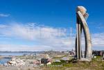 Inussuk sculpture by Niels Motfeldt overlooking the 
old town and marking start of Self Governance on 
June 21 2009. Built from stones collected from 
Greenlandic shores the three pillars represent the 
three peoples of Greenland. Nuuk (Godthab), 
Sermersooq, Greenland