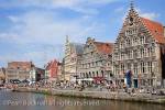 River Leie lined with medieval quayside gabbled Guild 
houses in the historical centre. Graslei Site, Ghent, 
East Flanders, Belgium, Europe.