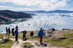Hikers on blue trail by Ilulissat Icefjord with large 
icebergs in fjord from most productive glacier in 
northern hemisphere. A UNESCO World Heritage 
site. Ilulissat )Jakobshavn), Qaasuitsup, Greenland