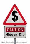 Triangular road sign warning Caution Hidden Dip 
with dollar sign to illustrate financial future concept. 
USA