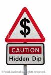 Triangular road sign warning Caution Hidden Dip 
with dollar sign to illustrate financial future concept. 
USA