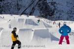 Stanton Park funpark ski jumps on Rendl from above 
in St Anton am Arlberg, Tyrol, Austria, Europe. 